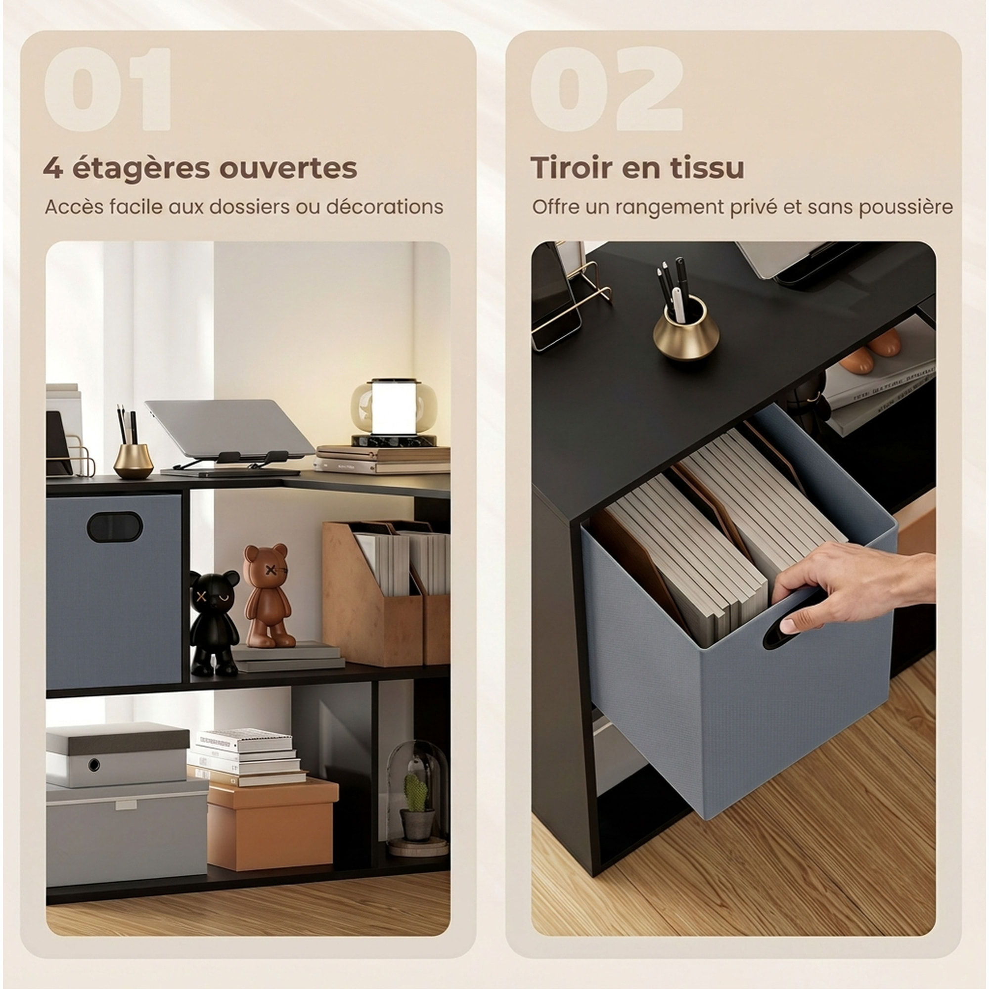Bureau d'angle tiroir non tissé gris étagère 3 compartiments dim. 110 x 100 x 75 cm noir