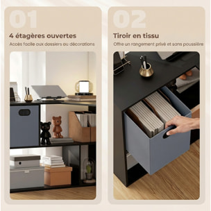 Bureau d'angle tiroir non tissé gris étagère 3 compartiments dim. 110 x 100 x 75 cm noir