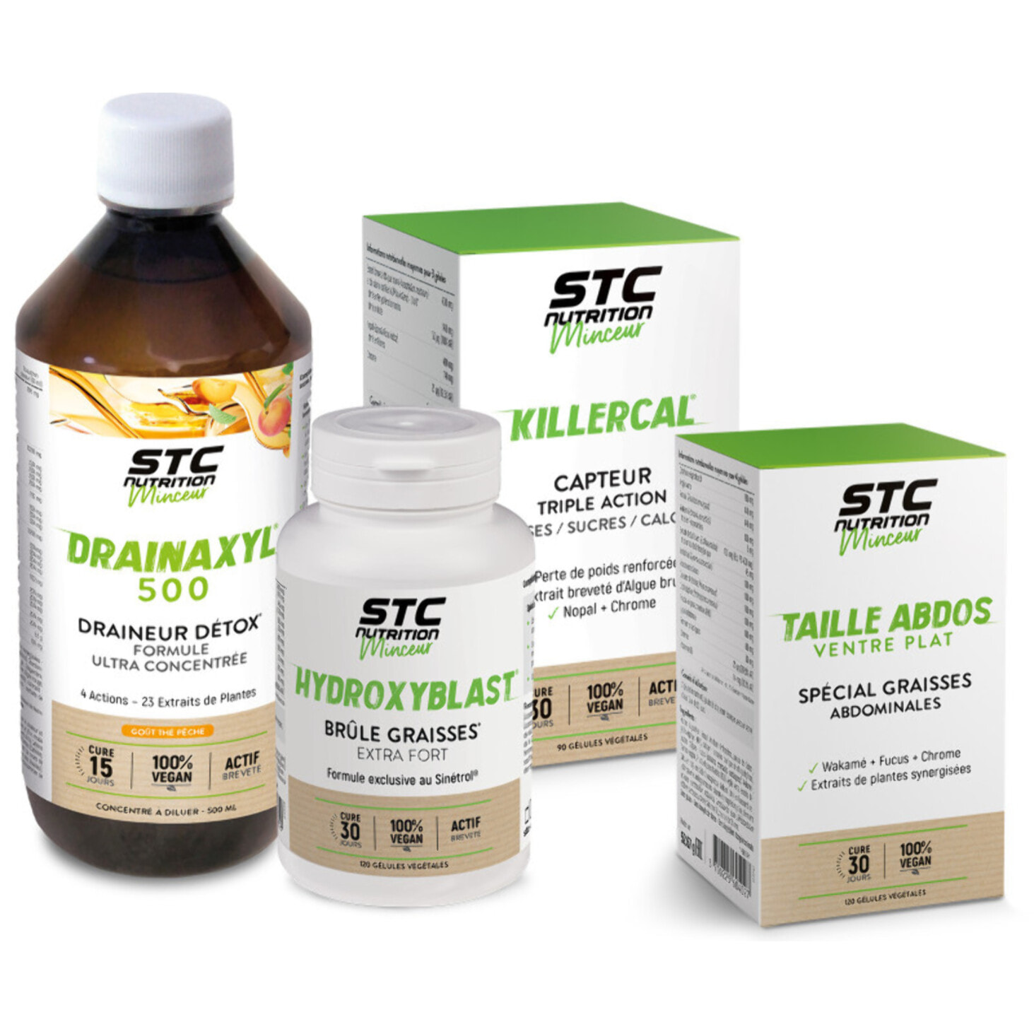 STC NUTRITION - Pack Contrôle du poids - Complément alimentaire - Drainaxyl® 500 Thé Pêche + Hydroxyblast® + Killercal + Taille Abdos Ventre Plat + - Elimination & Drainage - Brûle graisses extra-fort