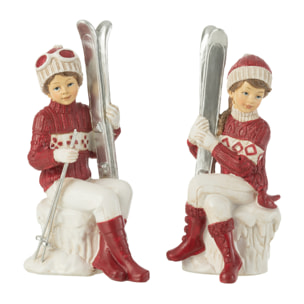 J-Line figurine Fille Et Garçon Ski Assis - polyrésine - blanc/rouge - 2 pcs