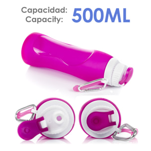 Bottiglia pieghevole arrotolabile da 500 ml, in silicone di grado alimentare. Con moschettone.