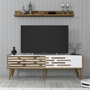 Mobile porta TV Daanesta, Credenza da soggiorno, Armadio basso per TV, Base parete attrezzata, 140x45h35 cm, Noce e Bianco