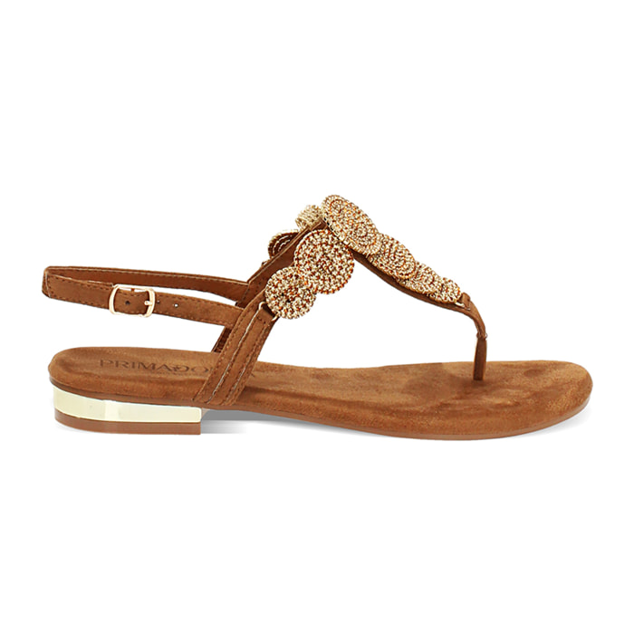 Sandalias planas mujer cognac de microfibra