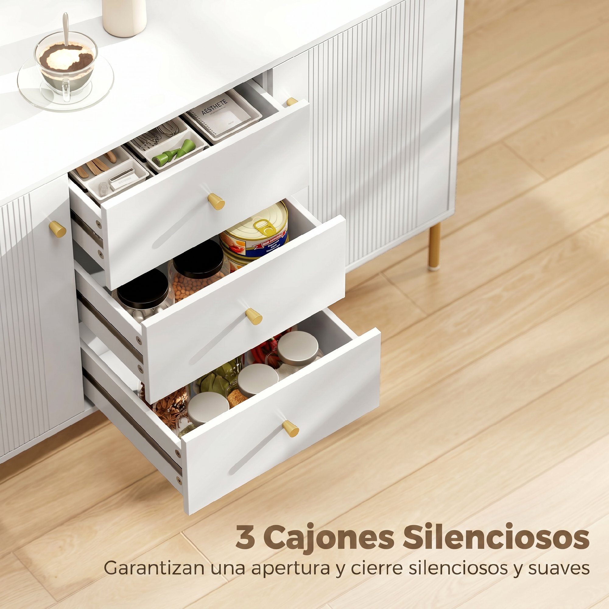 Aparador Moderno de 2 Puertas, Aparador de Salón con 3 Cajones, Estantes Ajustables, Encimera con Efecto Mármol, Patas de Acero, para Cocina, Entrada, Dormitorio, Blanco, 120x39,1x76 cm