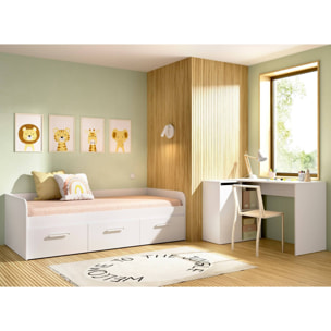 Letto per bambini Adamello, Lettino contenitore per cameretta, Struttura per letto singolo con 3 cassettoni, 194x97h60 cm, Bianco