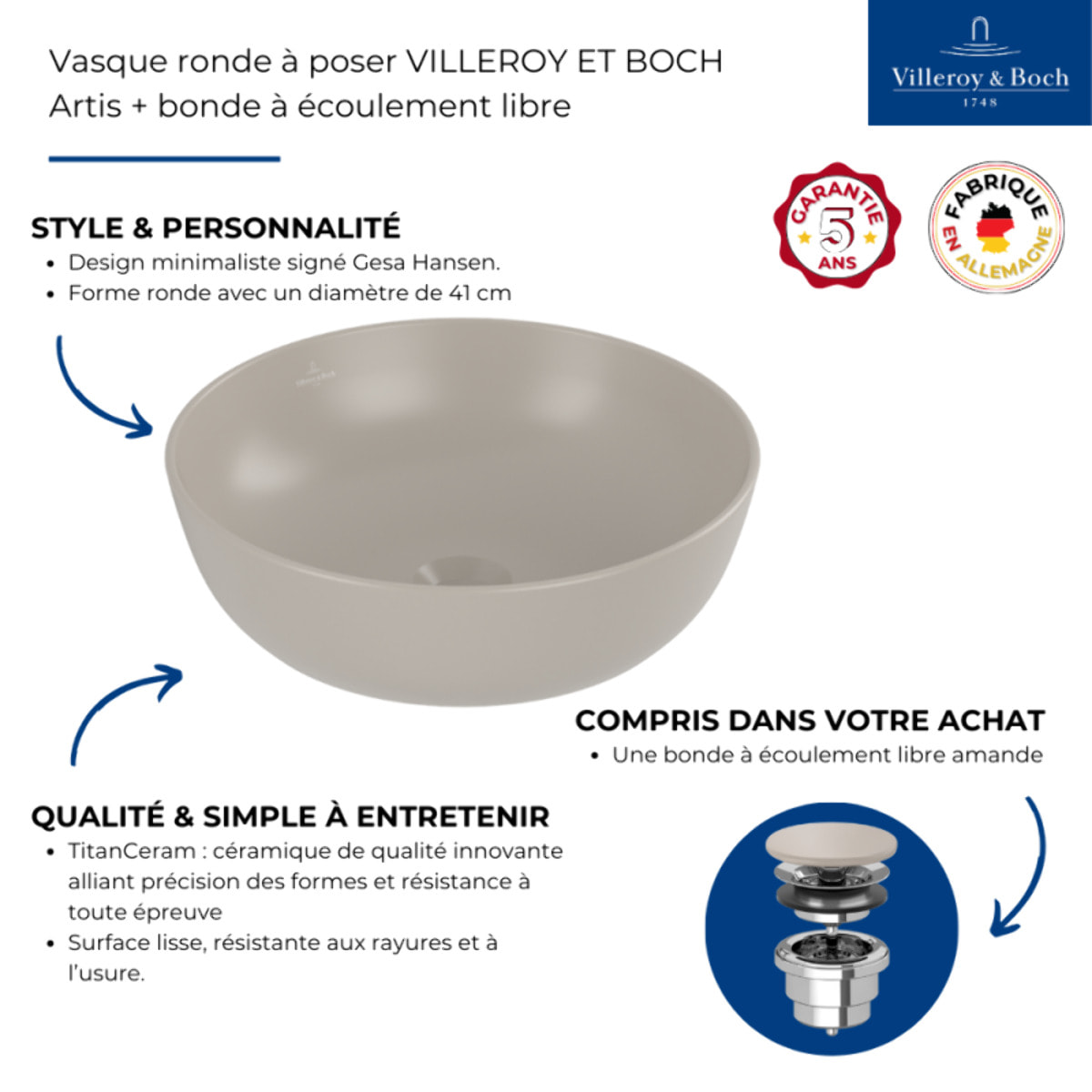 Vasque ronde à poser Artis + bonde à écoulement libre Amande