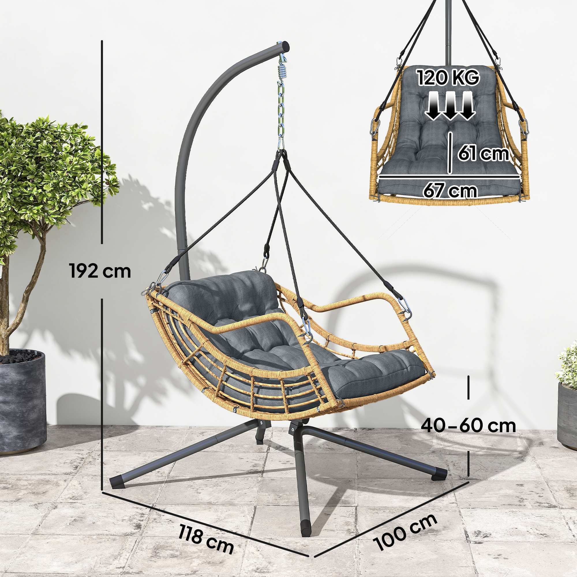 Fauteuil suspendu design résine tressée avec support acier et épais coussin gris