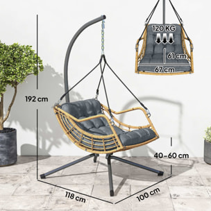 Fauteuil suspendu design résine tressée avec support acier et épais coussin gris