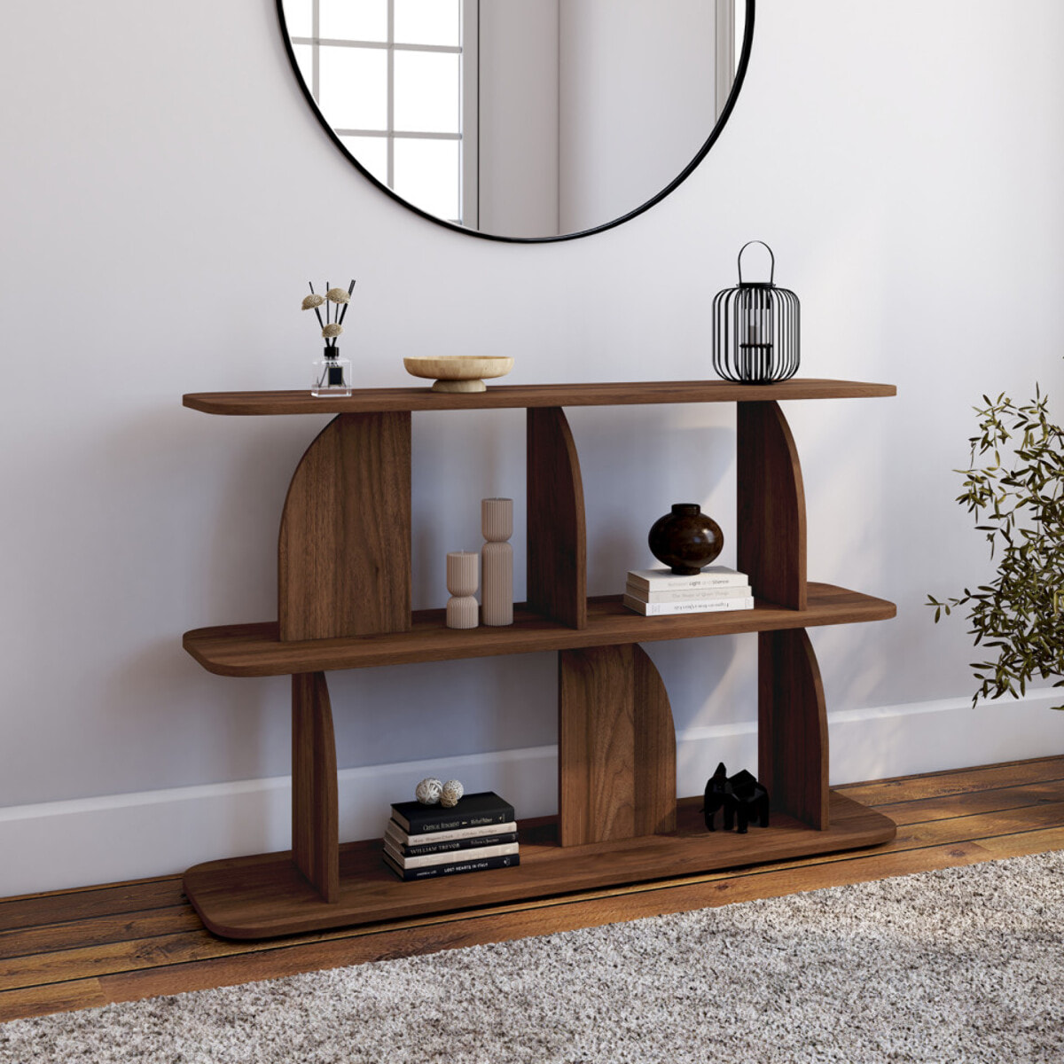 Etagère basse Japandi destructurée effet noyer