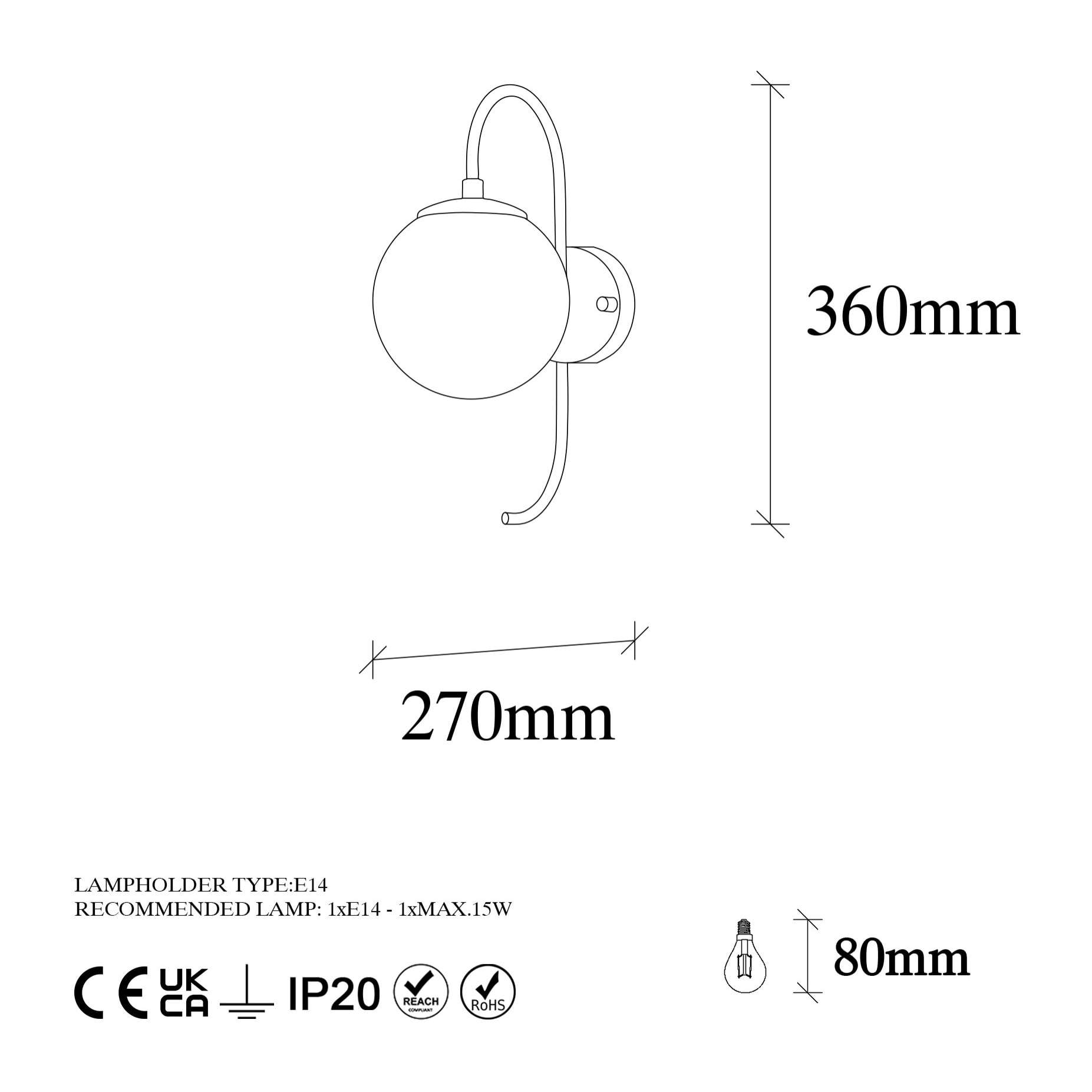 Aplique de pared pantalla transparente, metal , negro, 15x27x36, casquillo E14 Max 15 W