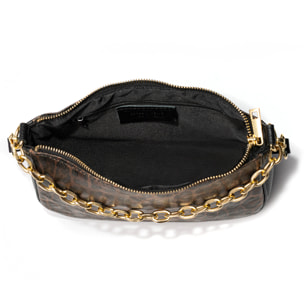 Avella borsa a tracolla donna, in pelle scamosciata lucida autentica con stampa animale leopardata, Dollaro.