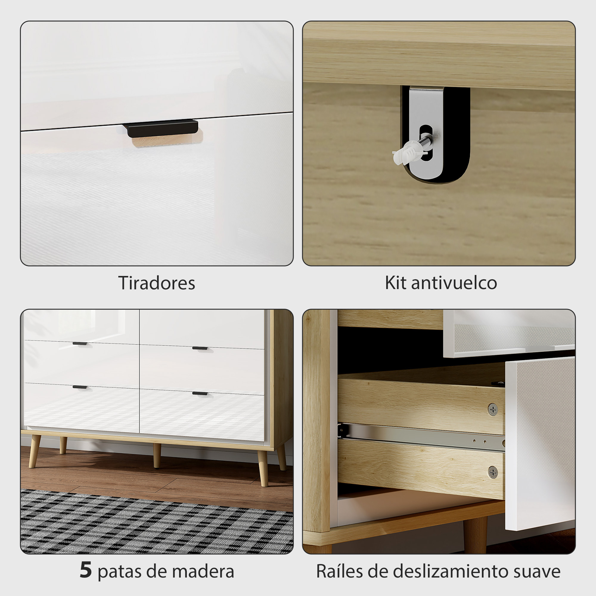 Cómoda 6 Cajones, Cómoda Dormitorio con Patas de Madera, Cajonera para Salón, Oficina, Estilo Moderno, 110x40x75 cm, Blanco Brillo y Roble