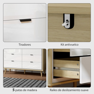 Cómoda 6 Cajones, Cómoda Dormitorio con Patas de Madera, Cajonera para Salón, Oficina, Estilo Moderno, 110x40x75 cm, Blanco Brillo y Roble