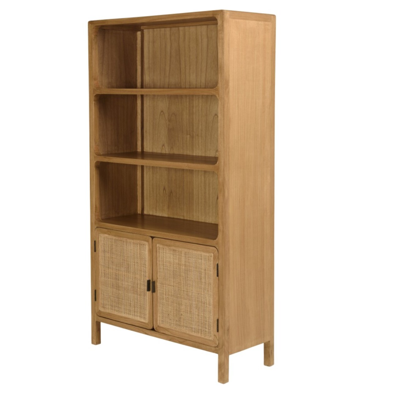 AMY - Bibliothèque 2 portes 3 étagères H180cm en bois de mindi et rotin