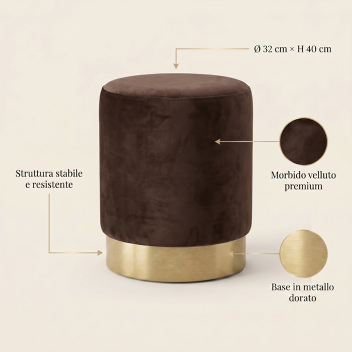 Pouf cilindrico in velluto con base dorata, sgabello imbottito elegante e resistente, seduta compatta salvaspazio, ideale per salotto camera ingresso e toeletta, design moderno glamour e versatile