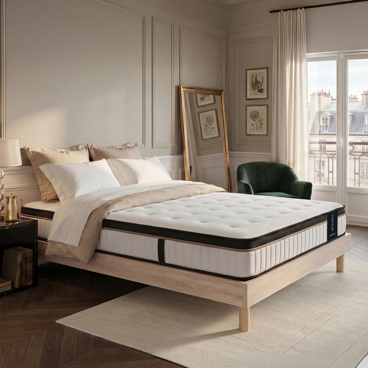 Ensemble Matelas Émeraude & Sommier Kit Bois, Mémoire de Forme & Air System, 25 cm, Accueil Moelleux, Soutien Ferme, Lattes Actives