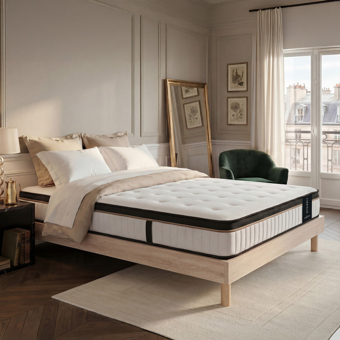 Ensemble Matelas Émeraude & Sommier Kit Bois, Mémoire de Forme & Air System, 25 cm, Accueil Moelleux, Soutien Ferme, Lattes Actives
