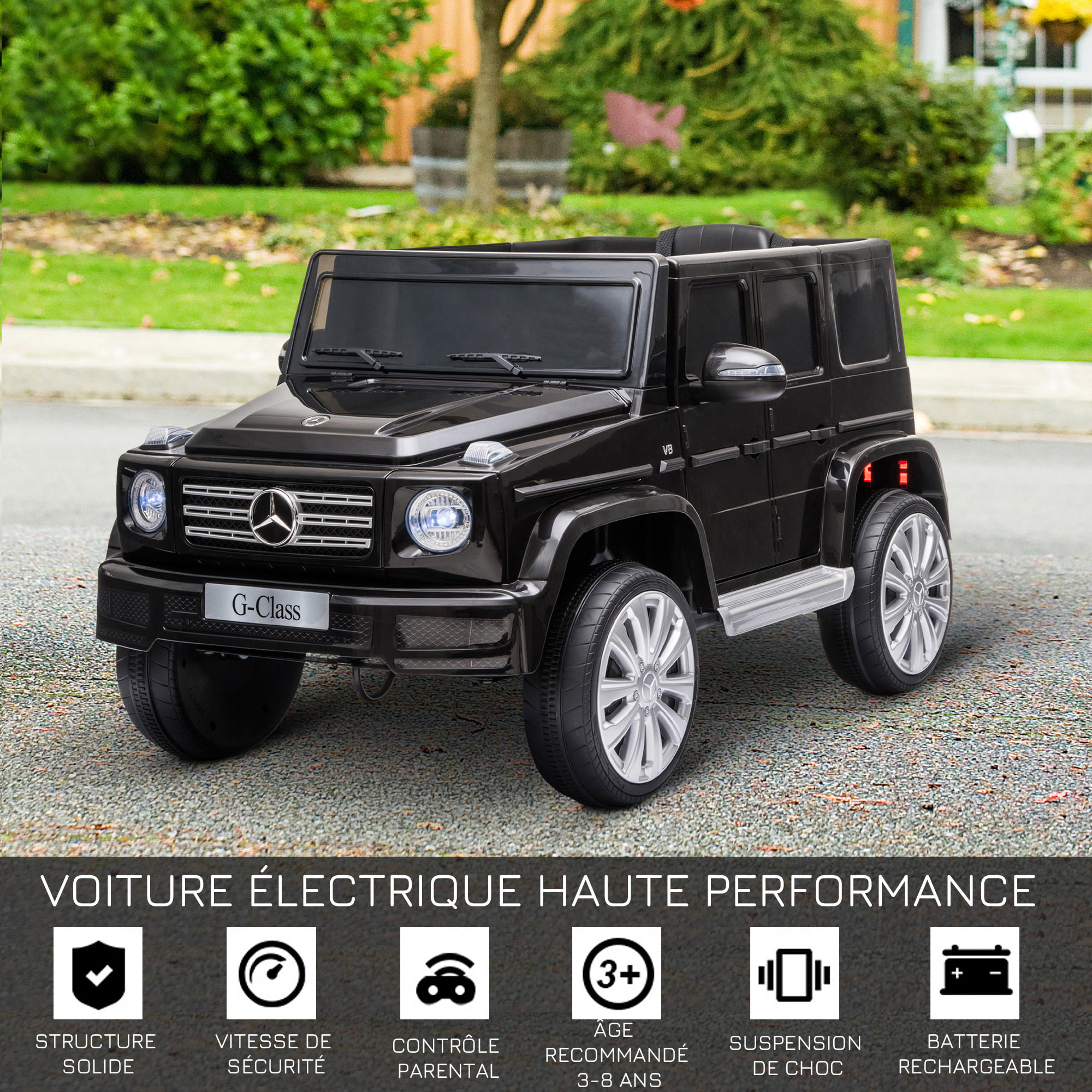 Voiture électrique enfant Mercedes Benz Classe G 12V - V. max. 5Km/h - télécommande, effets sonores, lumineux - noir
