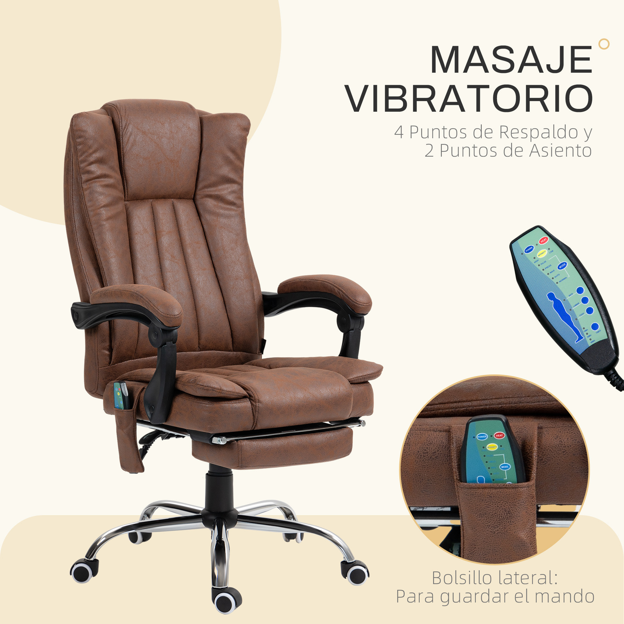 Silla de Masaje con 6 Puntos de Masaje Silla de Oficina Giratoria Silla de Escritorio Reclinable con Altura Ajustable Función de Calefacción Reposapiés Retráctil y Control Remoto Marrón