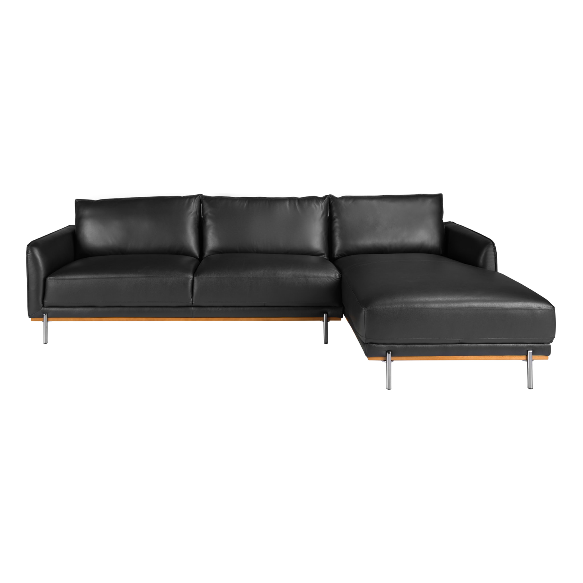 Sofá chaise longue derecha de 5 plazas tapizado en piel de origen vacuno en negro embellecedor de madera de haya vaporizada en nogal y patas de acero inoxidable oscurecido 295x160x83cm