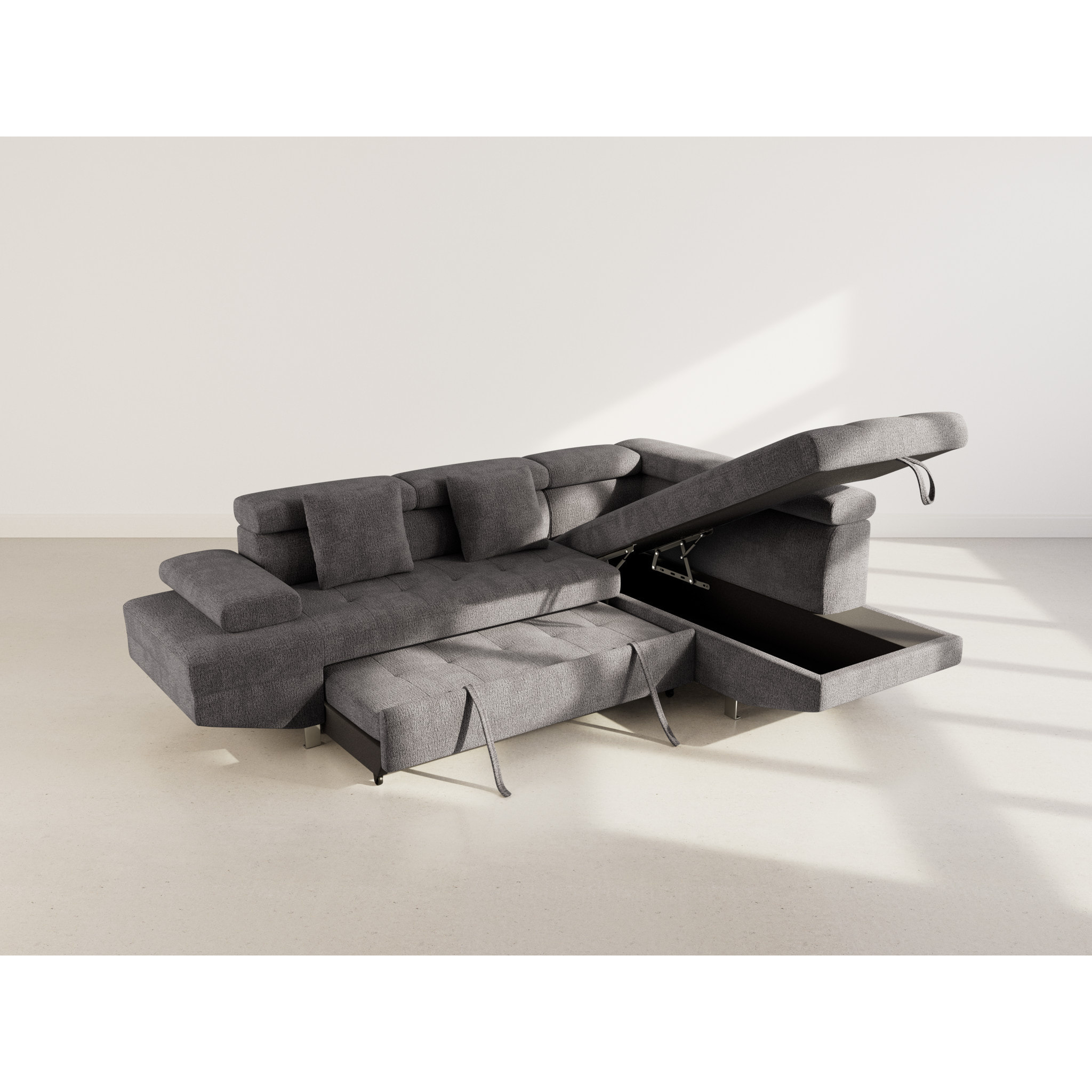 Margaux - Canapé d'angle droit 5 places convertible avec coffre et têtières réglables en velours texturé - Gris