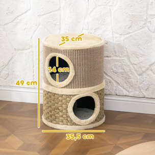 Arbre à chat cylindrique - tour à griffer pour chat - arbre à chat tour - tonneau griffoir - 2 niches + plateforme - sisal corde d'algues beige