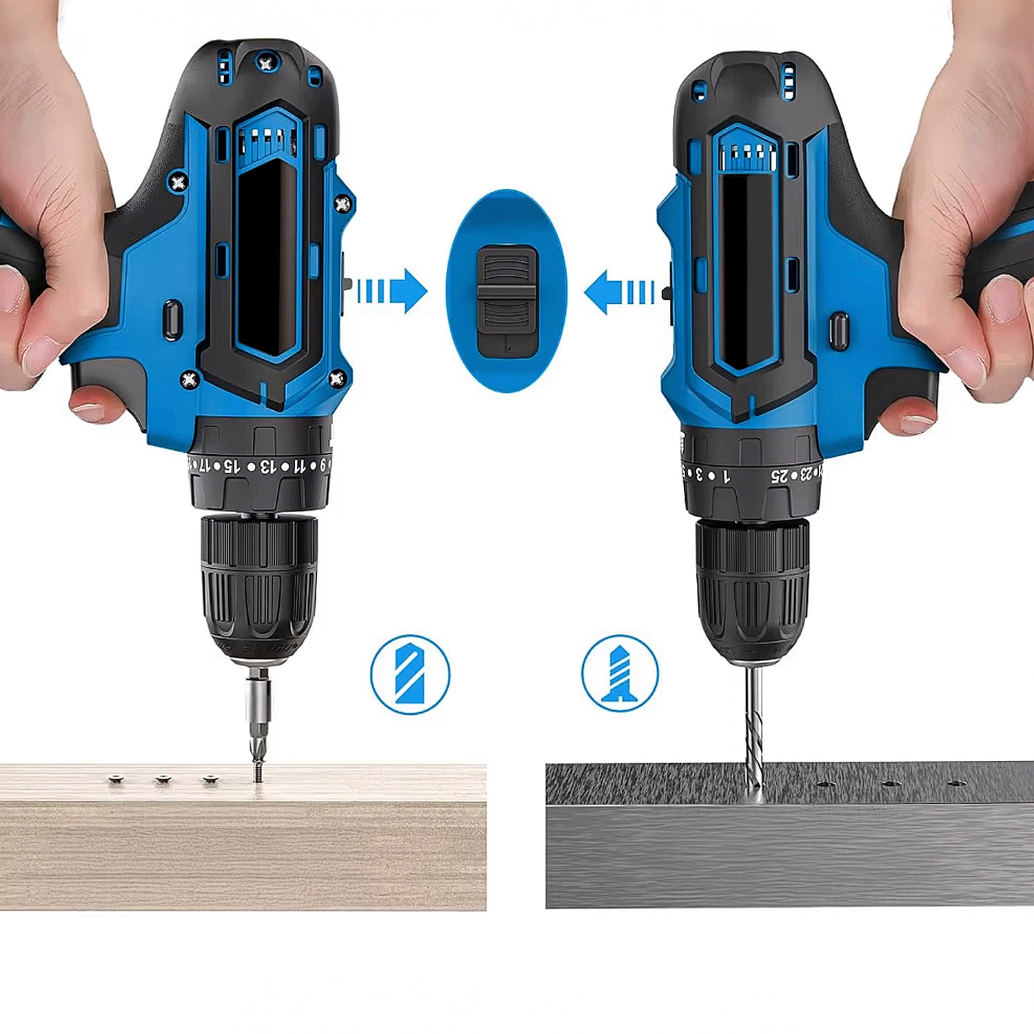 Cacciavite elettrico e trapano, con batteria, set di accessori e valigetta