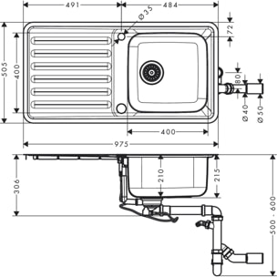 Evier encastré 400/400 avec égouttoir acier inoxydable S41