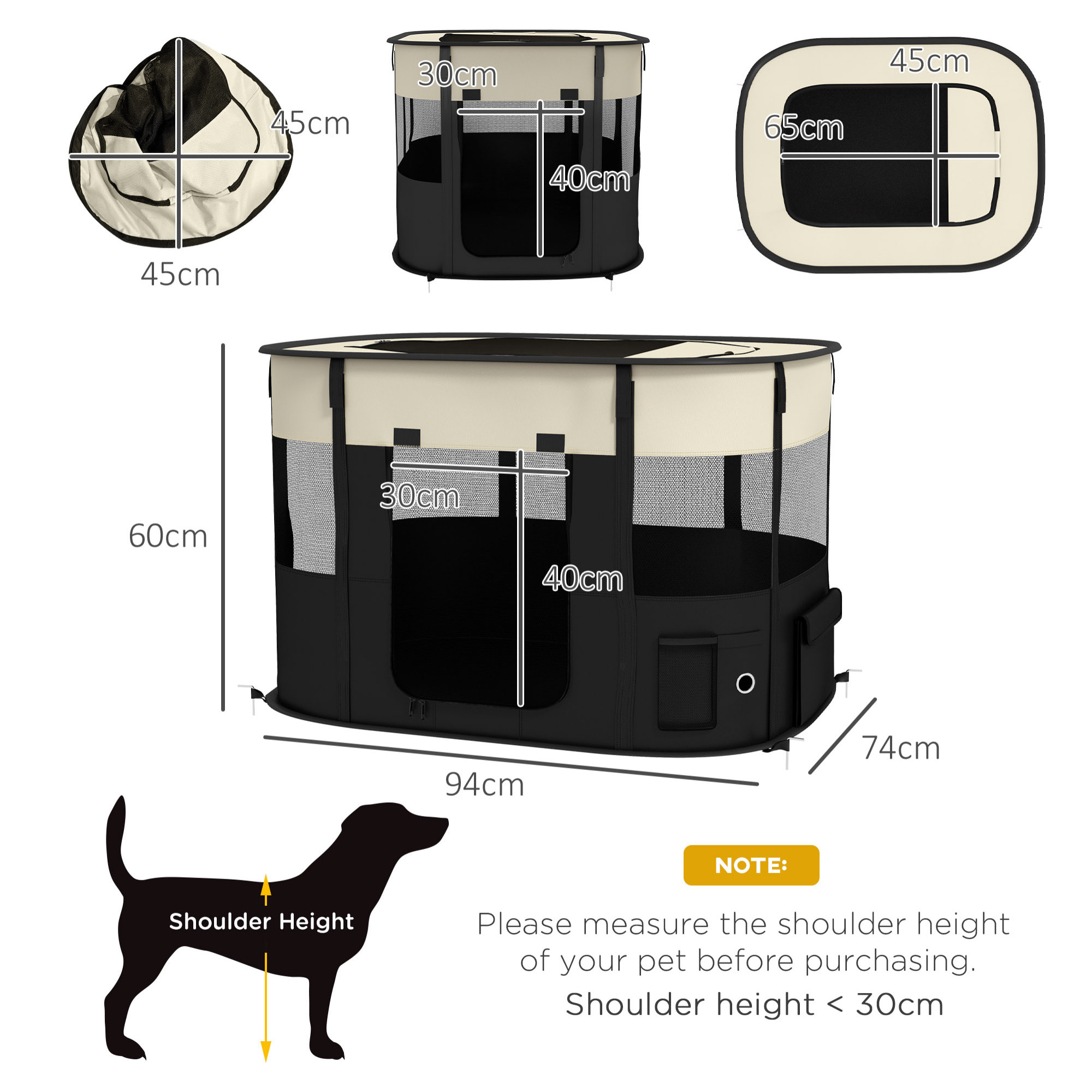 Parc pour chien pliable dim. 94L x 74l x 60H cm tissu Oxford crème noir