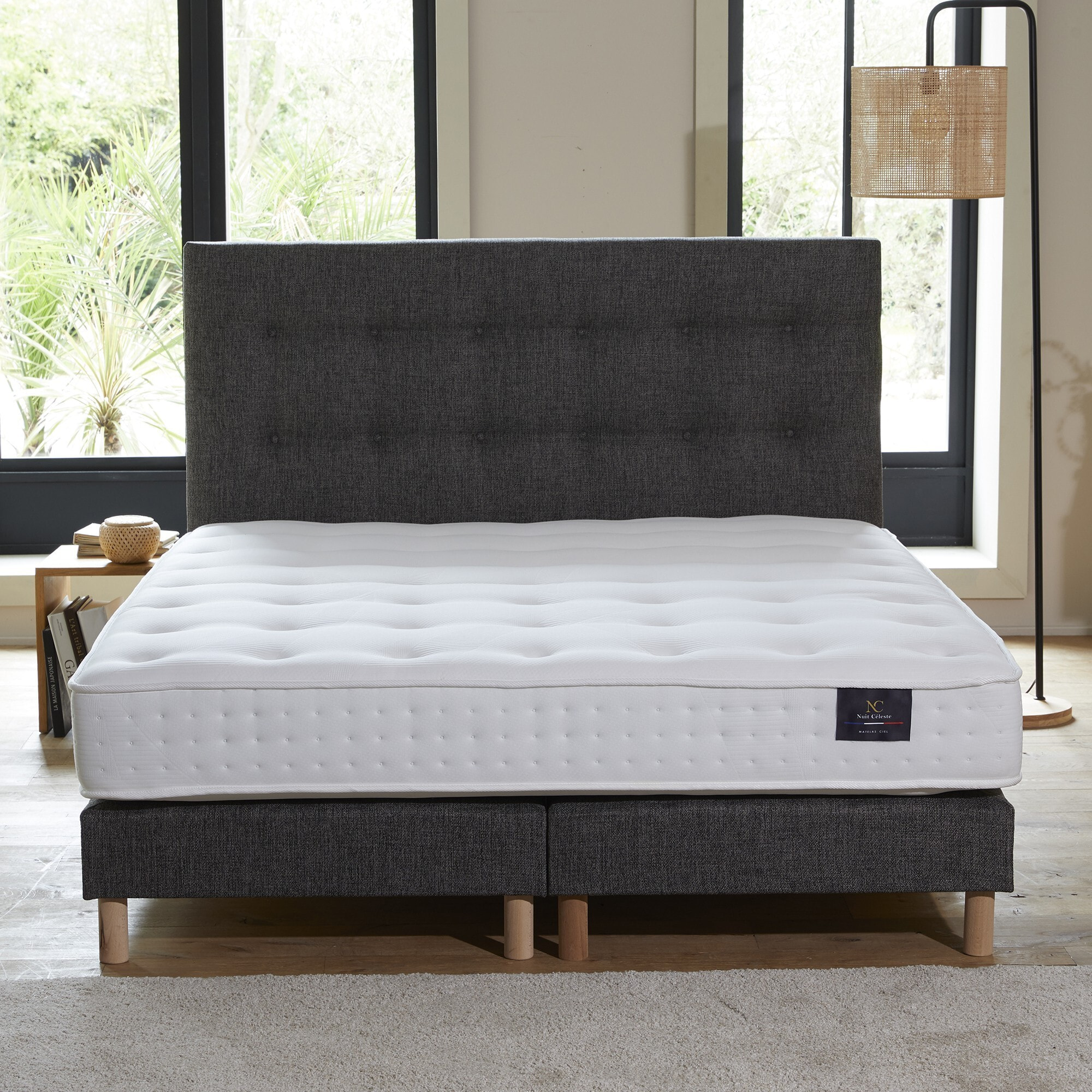 Ensemble sommier tapissier, SYMBIOSE, tête de lit capitonnée gris éléphant