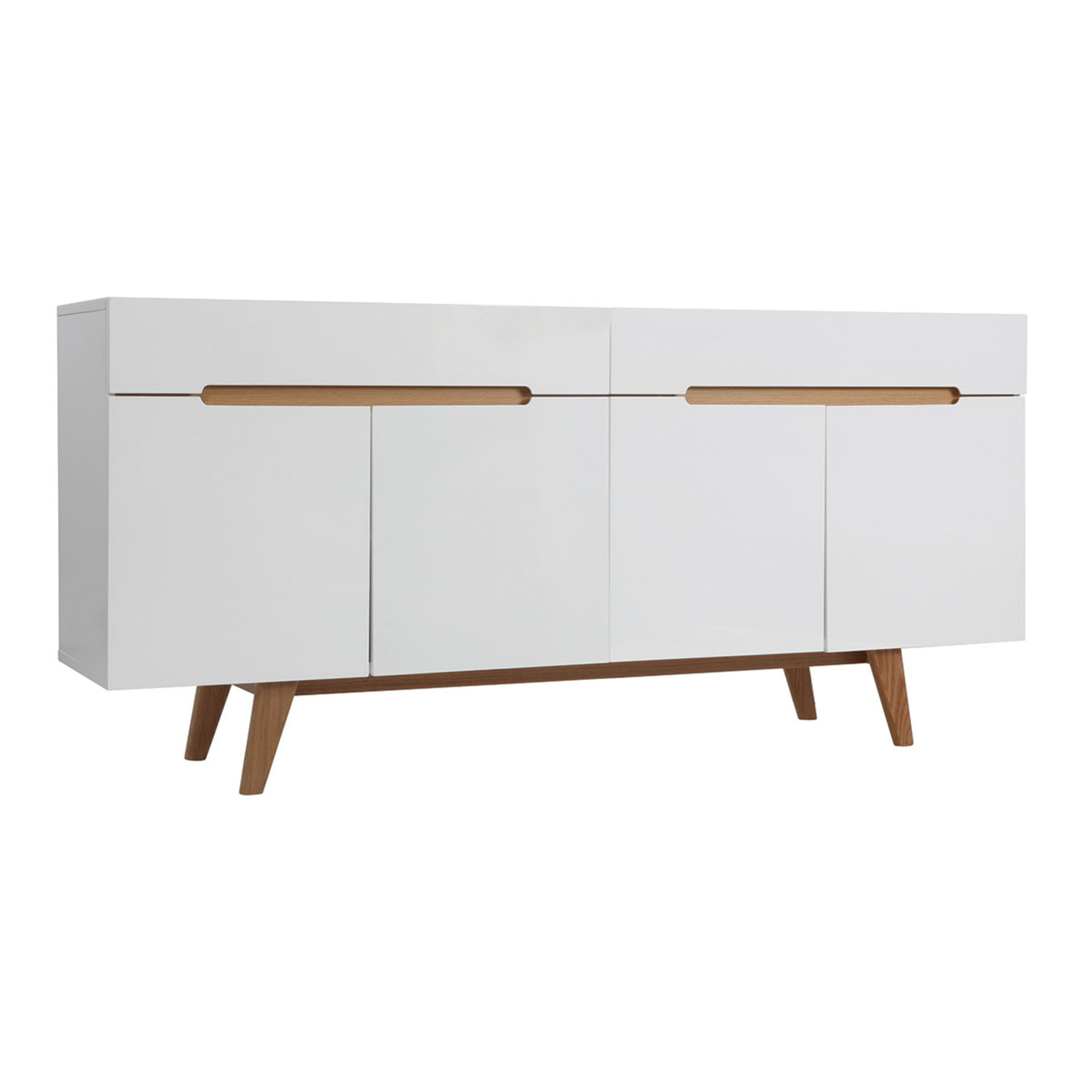Buffet scandinave blanc laqué brillant et finition bois clair 4 portes 2 tiroirs L180 cm MELKA