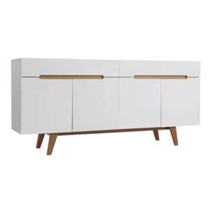 Buffet scandinave blanc laqué brillant et finition bois clair 4 portes 2 tiroirs L180 cm MELKA