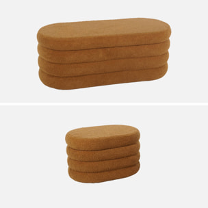Banc coffre en bouclettes rouille avec 2 poufs ovales de rangement intégrés - L111cm