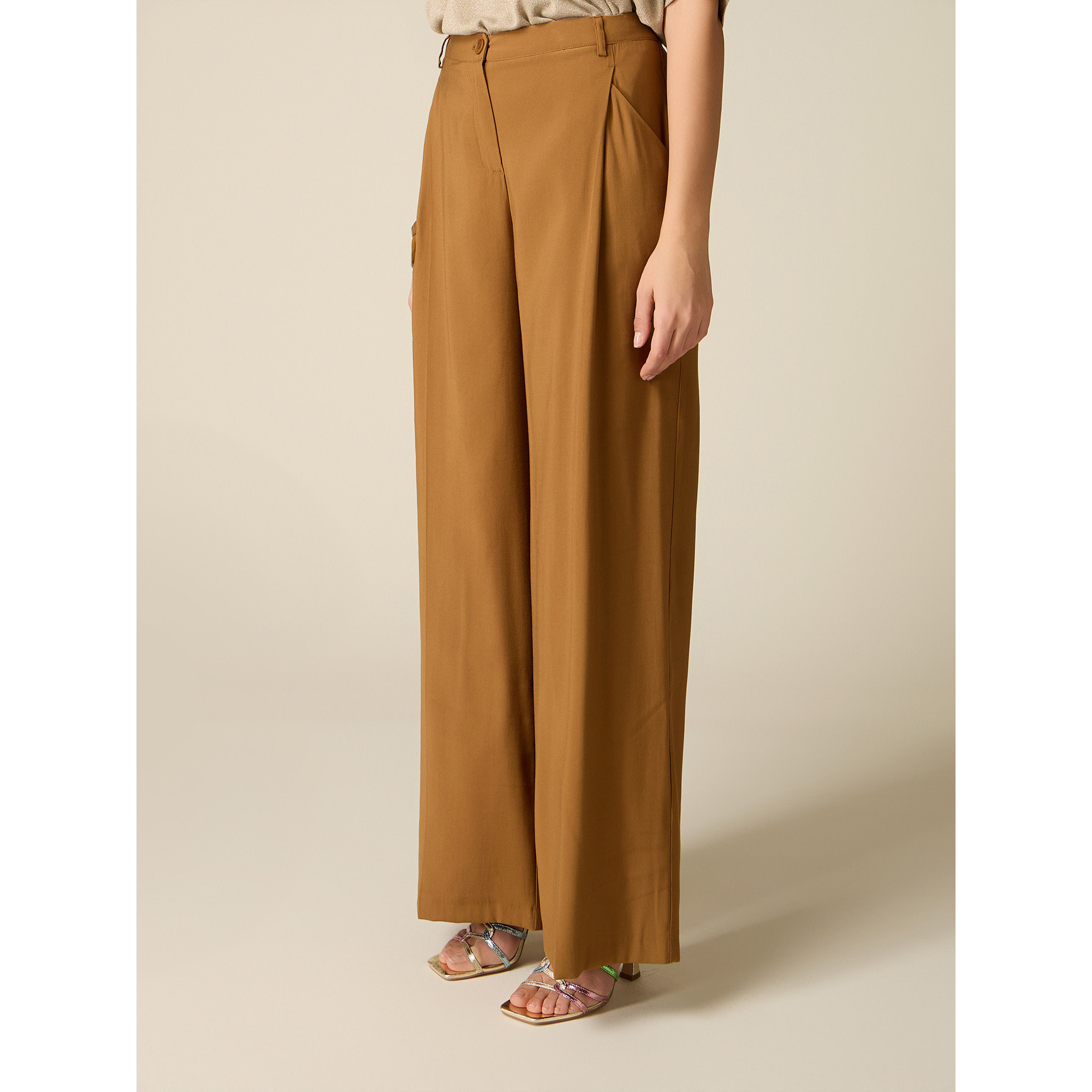 Oltre - Pantaloni palazzo misto viscosa - Marrone