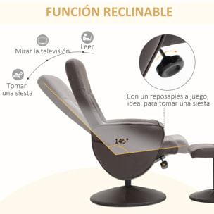 HOMCOM Sillón de Salón con Otomana Reposapiés Tapizado en PU Sillón Relax Reclinable hasta 145° y Giratorio 360° con Respaldo Ajustable para Salón Dormitorio Oficina 81x81x105 cm Marrón
