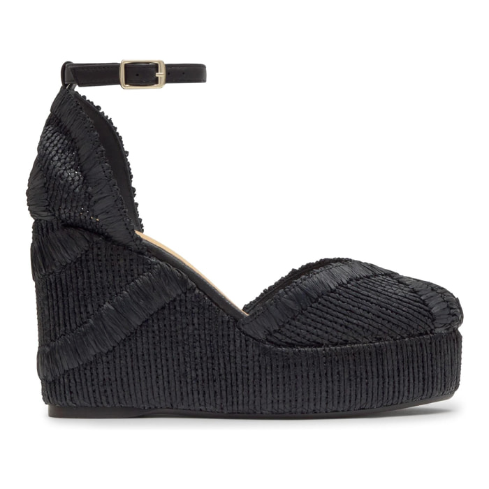 Alpargata Charmie cuña forrada en rafia natural bordada con pulsera y escote en V