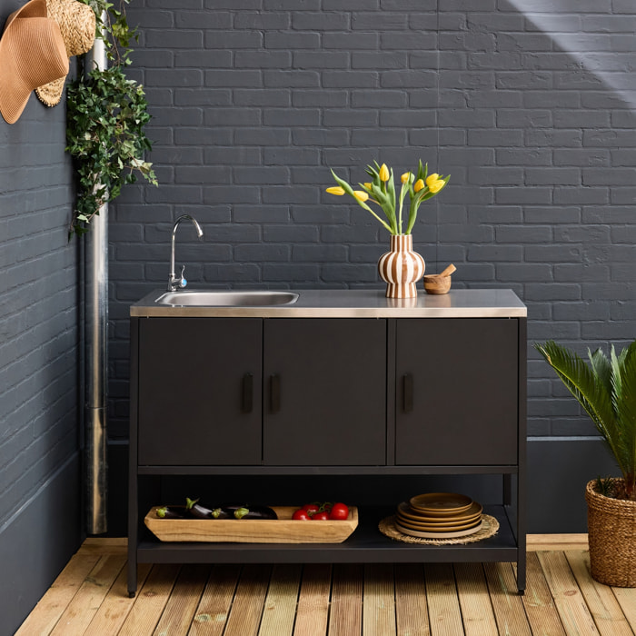 Cuisine d'extérieure en acier noir avec évier L120cm