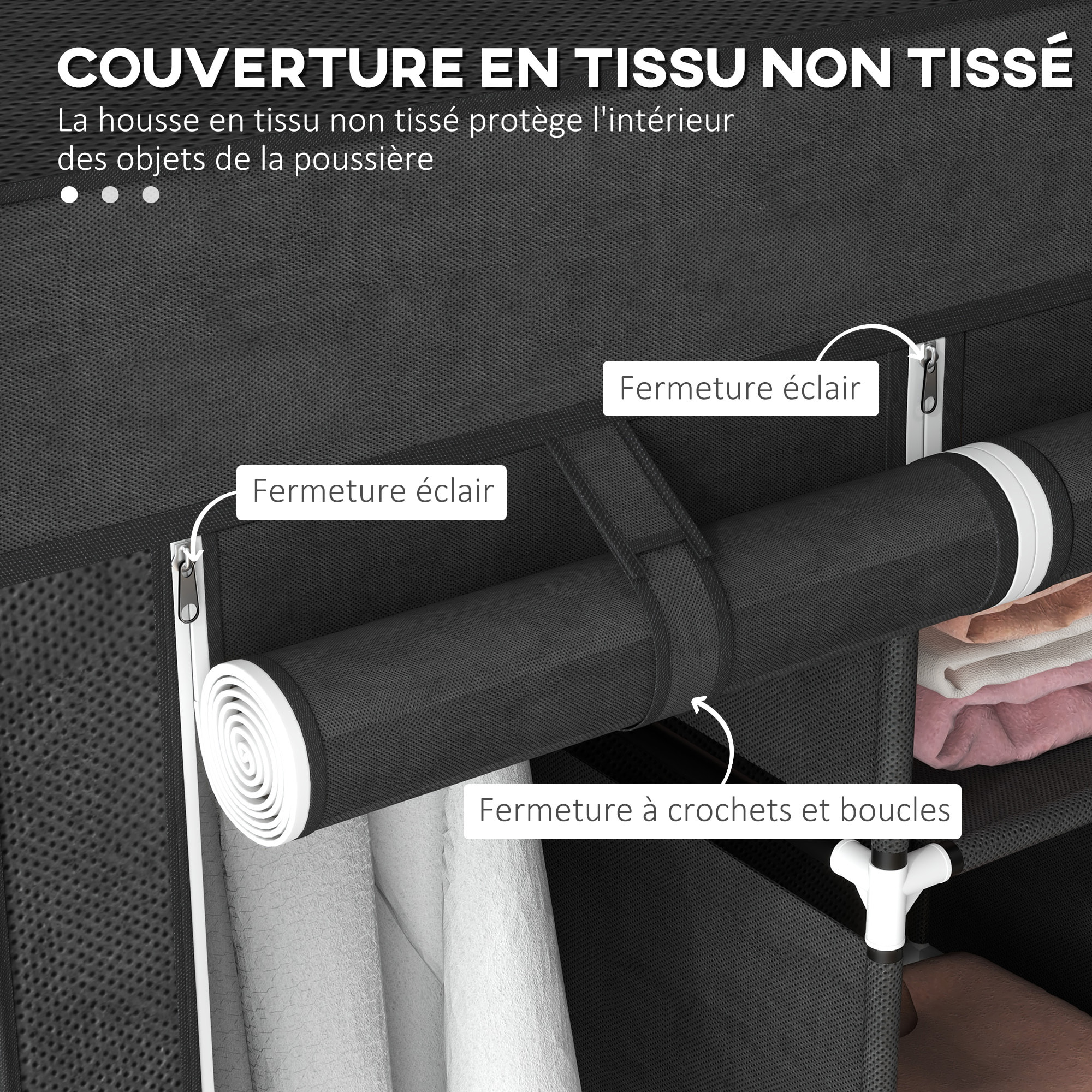 Armoire penderie pliable 5 étagères 2 tringles 3 tiroirs tissu noir
