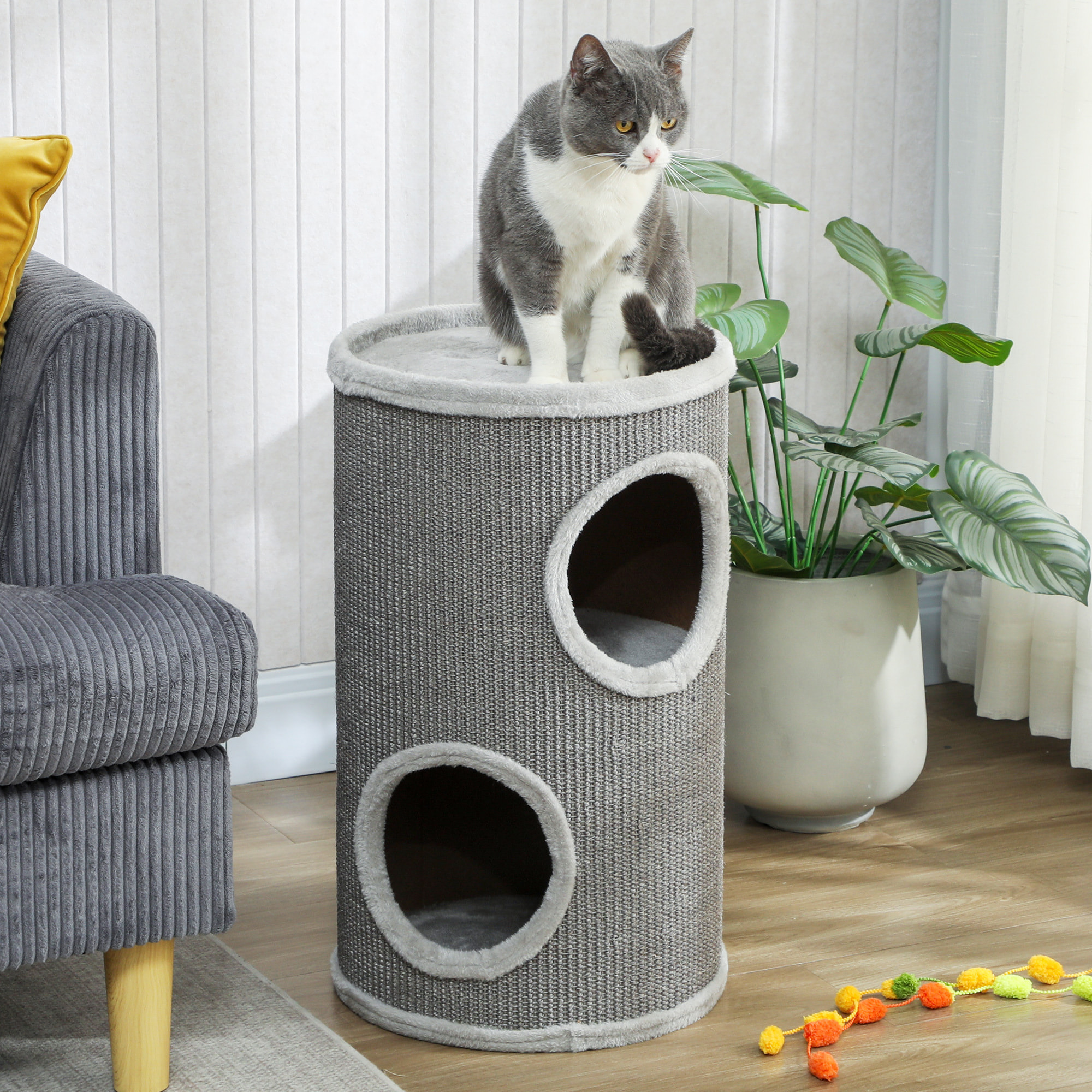 Arbre à chat cylindrique - tour à griffer pour chat - tonneau griffoir - 2 niches + plateforme - sisal peluche gris