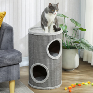 Arbre à chat cylindrique - tour à griffer pour chat - tonneau griffoir - 2 niches + plateforme - sisal peluche gris