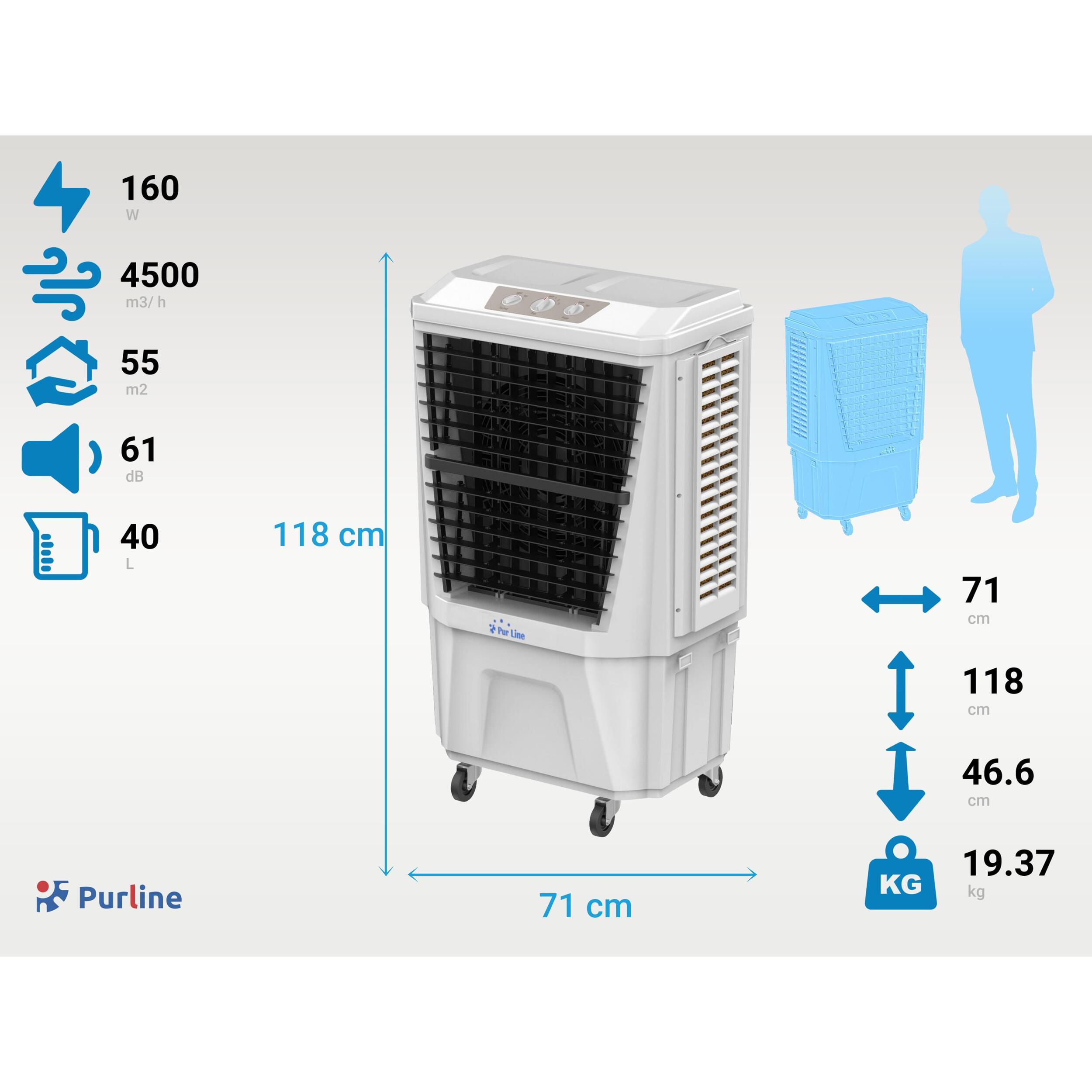 Rafraichisseur d'air par évaporation à débit élevé minuterie et 3 vitesses