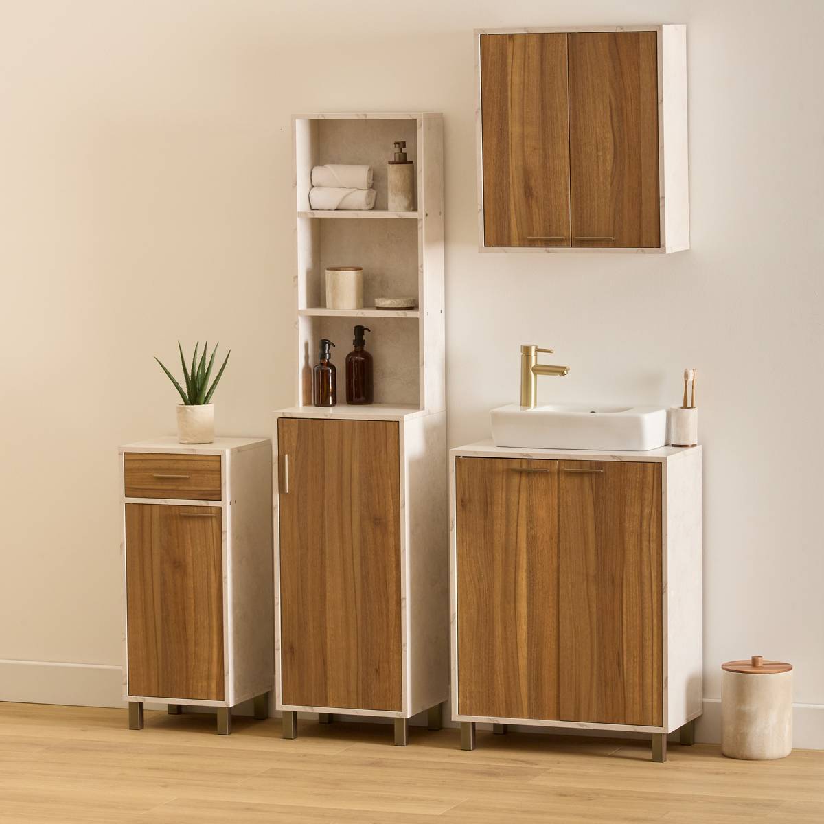 Meuble bas 1 porte 2 niveaux Come bois et effet marbre