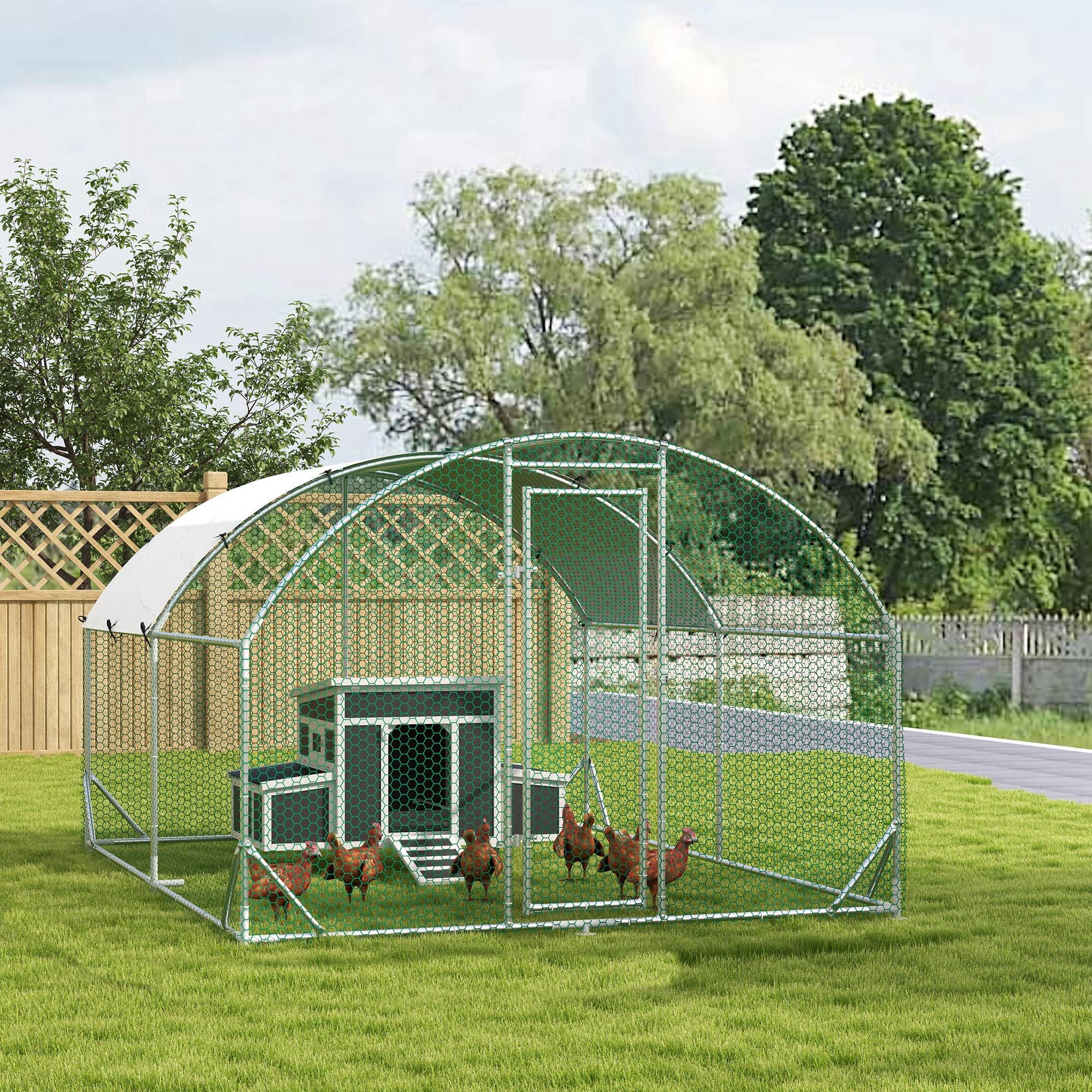 Conjunto de 1 Gallinero de Madera con Ventana Puerta Nido 147x93,5x89,5 cm y 1 Gallinero para Exterior Grande de Acero Galvanizado 280x190x197 cm