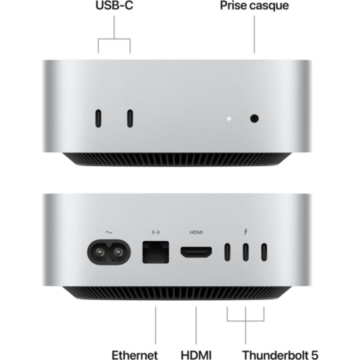 Ordinateur Apple MAC MINI Puce M4 Pro CPU 12 / GPU 16 coeurs Mémoire RAM 24Go Stockage 512Go SSD Argent