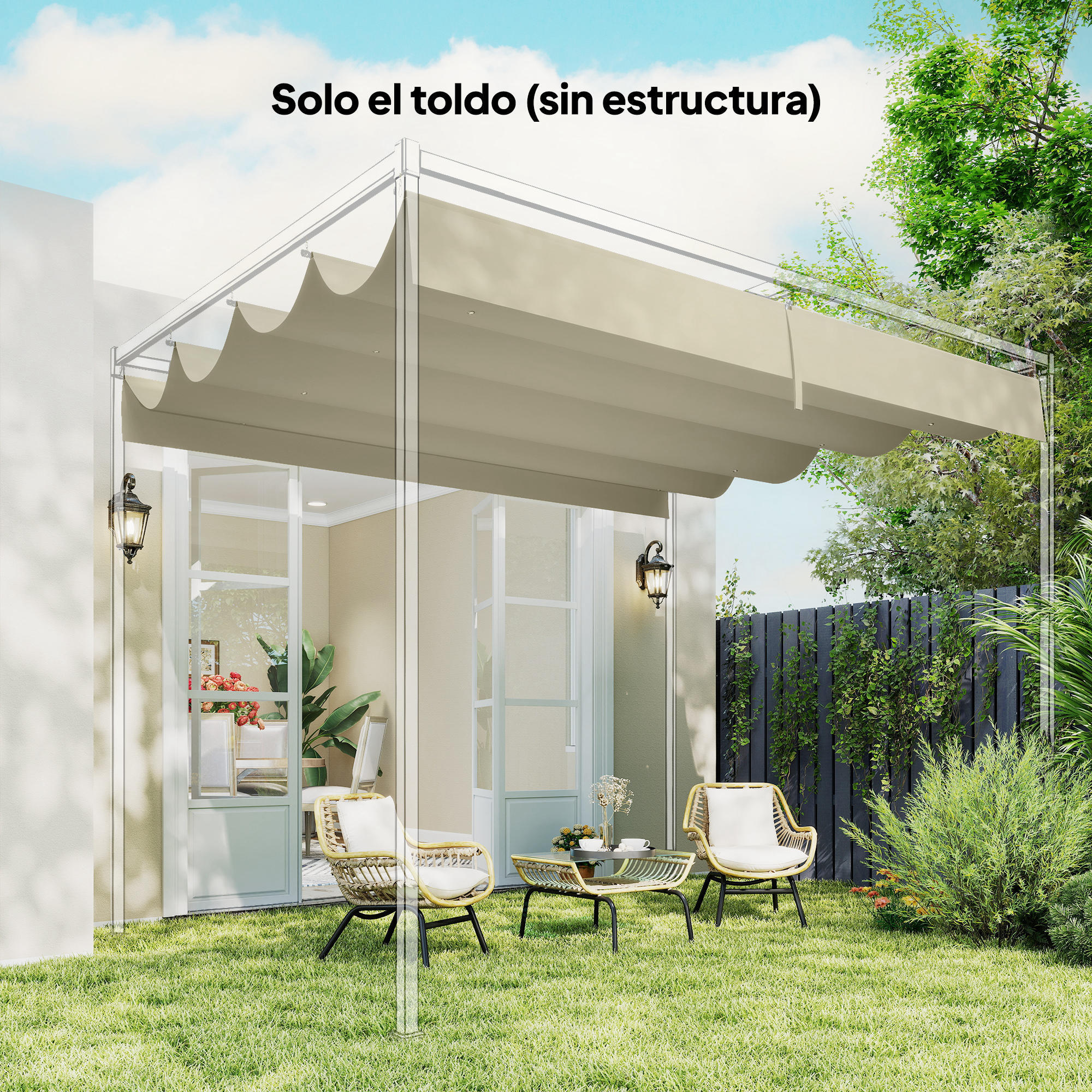 Techo de Pérgola 4 x 3,5 m, Techo de Repuesto Retráctil para Marco de Pérgola de 4x3 m, UV30+, Toldo de Tela Solo para Cenador Jardín con 8 Orificios de Drenaje, Blanco Crema