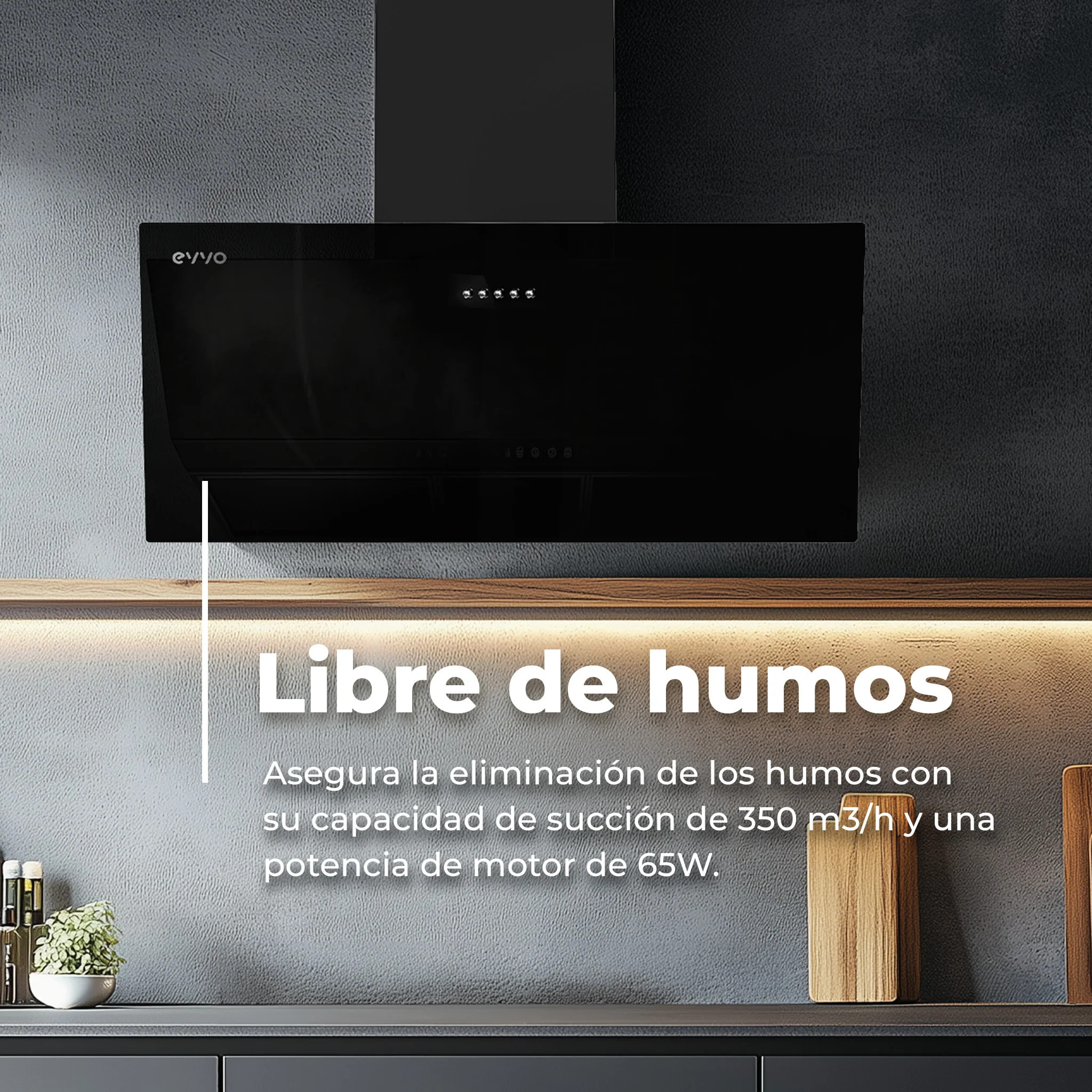 Campana Extractora Decorativa EVVO CE40 Cristal Black, 60 cm, 350 m³/h, 3 Velocidades, Energía B