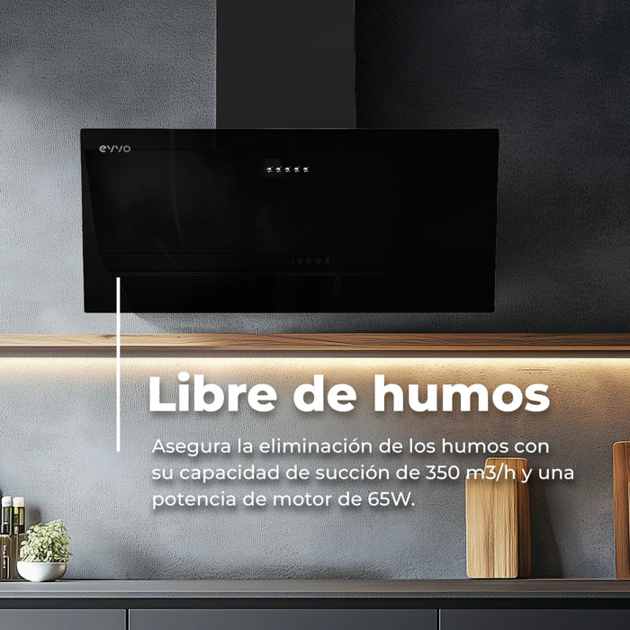 Campana Extractora Decorativa EVVO CE40 Cristal Black, 60 cm, 350 m³/h, 3 Velocidades, Energía B