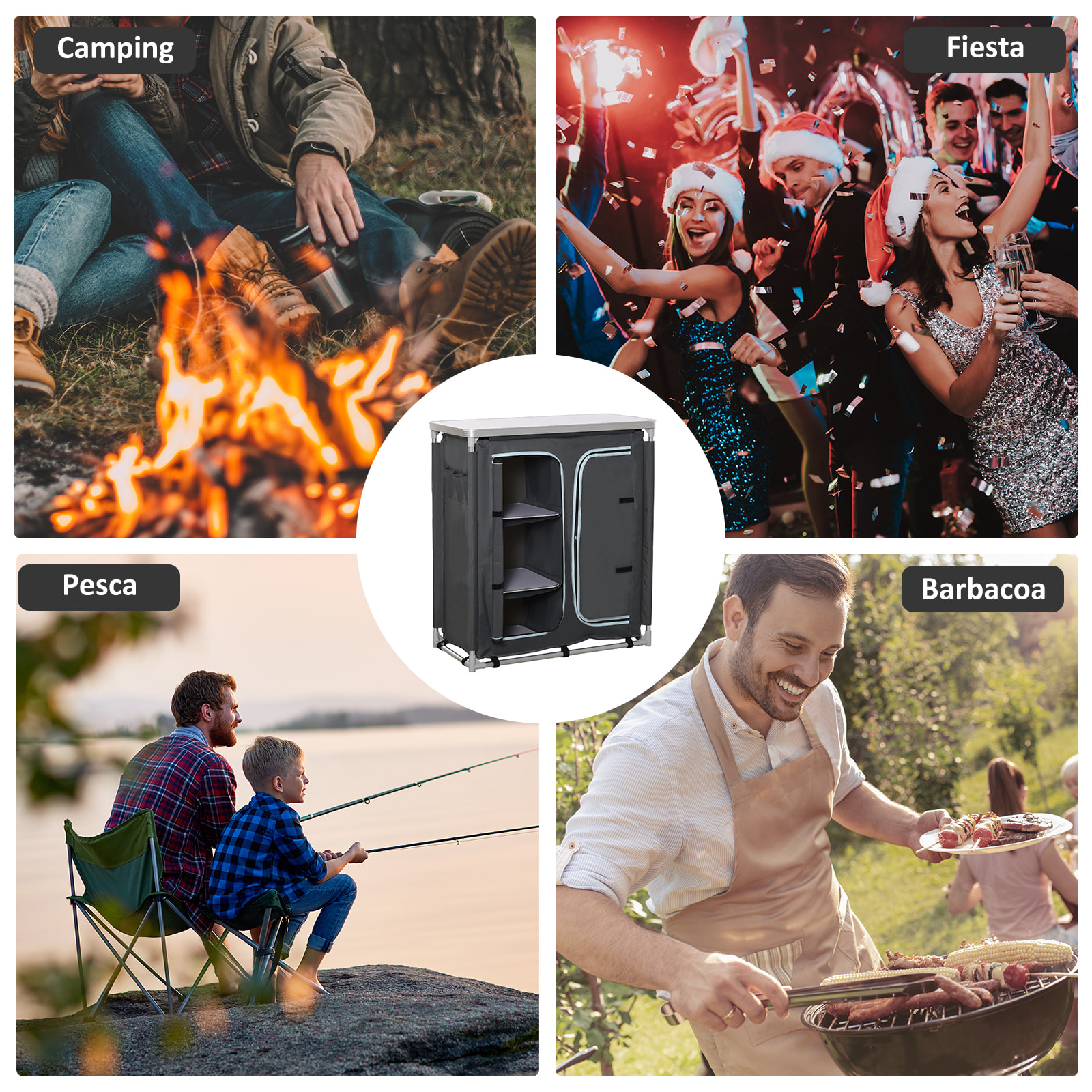 Armario de Camping Plegable Mueble de Cocina para Camping con 3 Estantes Compartimento Puerta con Cremallera Estructura de Aluminio y Bolsa de Transporte para Exterior 96x49,5x104 cm Gris