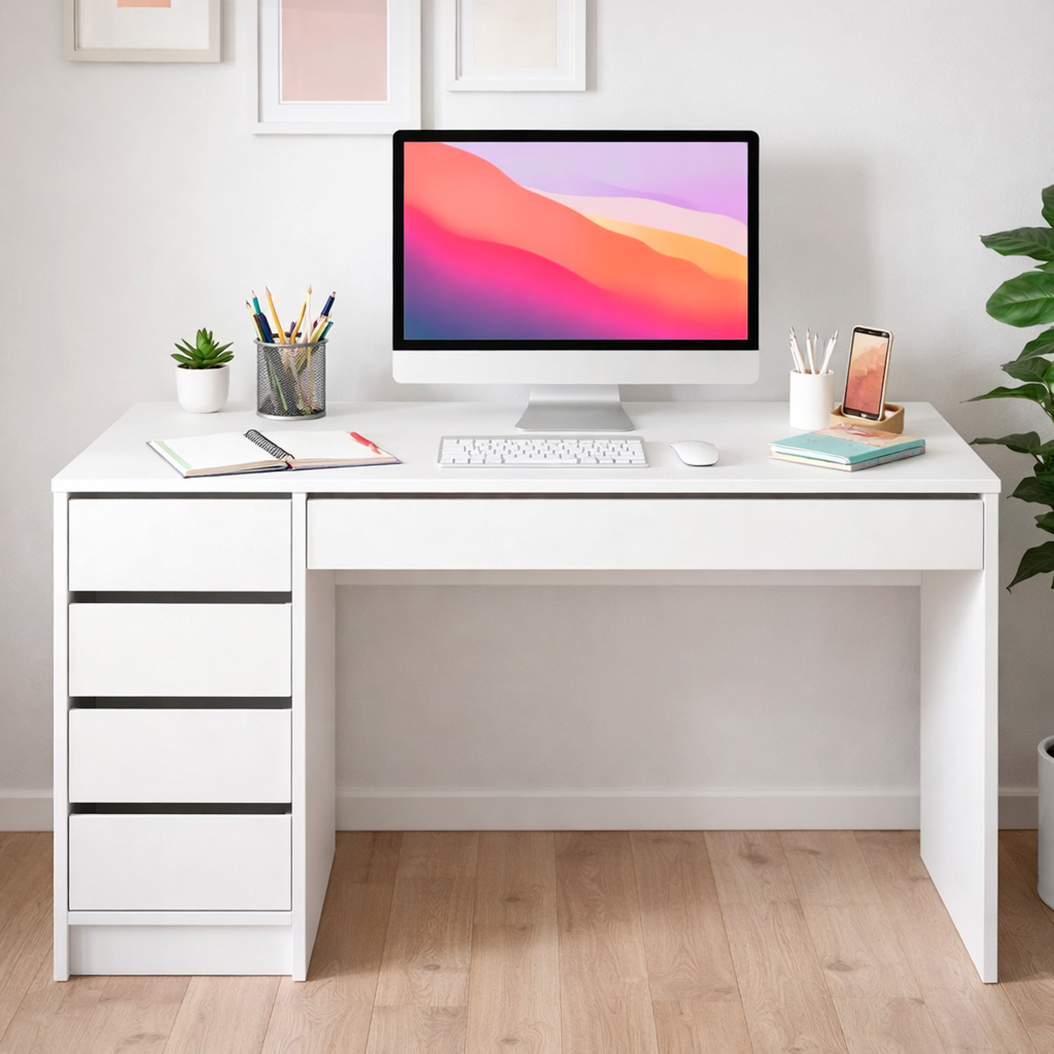 Scrivania moderna con 4 Cassetti e 1 cassettone centrale Ufficio Mobile Desk 120 x 55 x 75 cm  bianco lucido