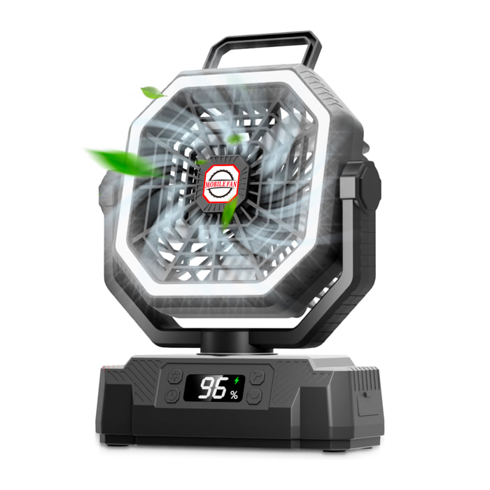 Ventilador P60 con motor sin escobillas, LED con 32 luces, 5 velocidades y 3 niveles de luz. Oscilación de 120º y ángulo ajustable de 90º. Con gancho para colgar y powerbank de 20000 mAh.